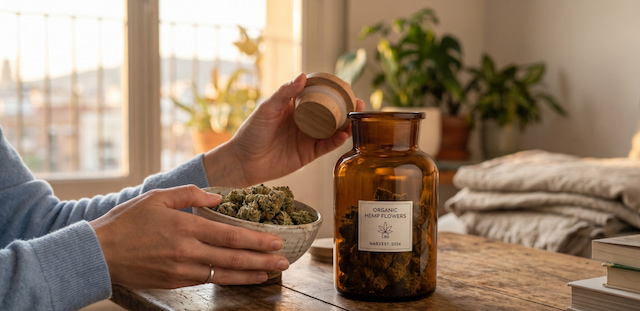 Persona guardando flores de CBD en un frasco hermético ámbar