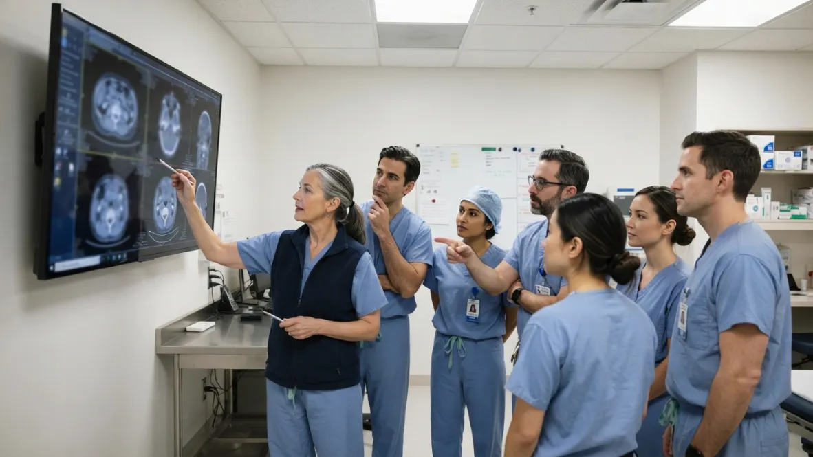 Equipo quirúrgico coordinando una intervención en un hospital