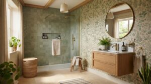 Baño con papel pintado vegetal combinado con revestimiento cerámico