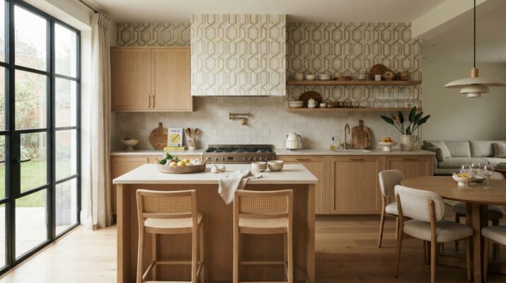Cocina contemporánea con pared decorativa y acabados combinados